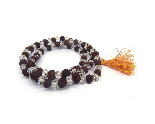Rudraksha and Diamond Cut Sphatik ( Quartz ) Mala 108 +1 Beads